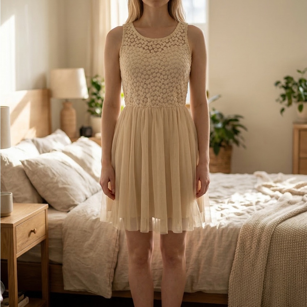 Finesse Sleeveless Lace Bodice Tulle Mini Dress in Beige